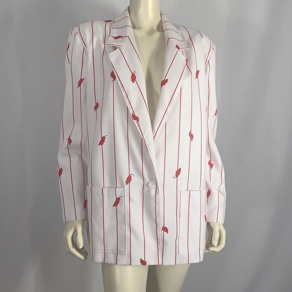 Vintage Tan Jay White Cherry Red Striped Blazer Jacket Women’s Size 18